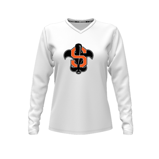 [CUS-DFW-TEES-CMF-VNK-LSL-WHT-FYXS-LOGO2] Decker Comfort T-Shirt (Female Youth XS, White, V Neck, Logo 2, Long Sleeve)