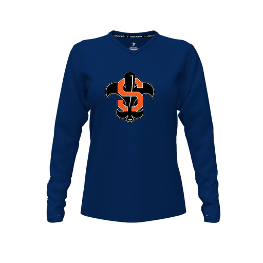 [CUS-DFW-TEES-PER-VNK-LSL-NVY-FYXS-LOGO2] Performance T-Shirt (Female Youth XS, Navy, V Neck, Logo 2, Long Sleeve)
