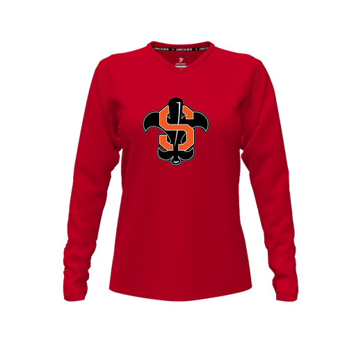 [CUS-DFW-TEES-PER-VNK-LSL-RED-FYXS-LOGO2] Performance T-Shirt (Female Youth XS, Red, V Neck, Logo 2, Long Sleeve)